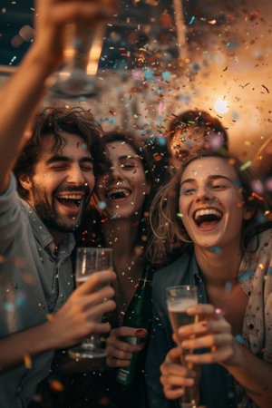 Group of friends celebrating with beers and confetti in a bar.の素材