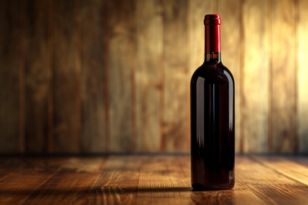 red wine bottle , sits on a wooden table over a rustic backgroundの素材