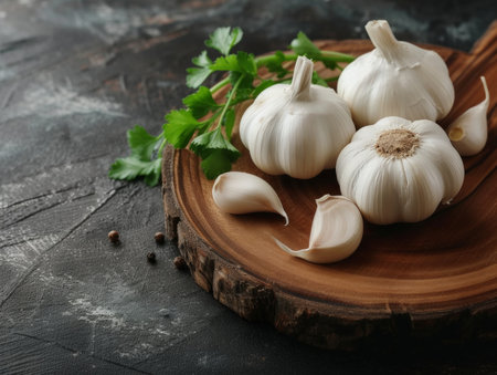 garlic on a wooden board with copy spaceの素材