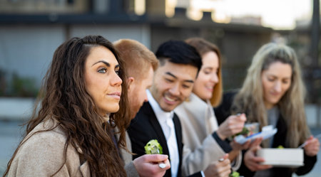 Business people on lunch time outdoors eating home made food. Corporate woman is worried and thoughtfulの写真素材