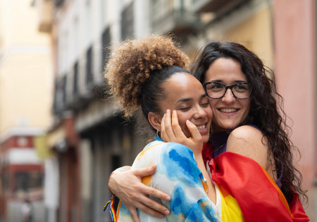 two loving lesbian women walking down the street in Madrid city with copy space.の写真素材