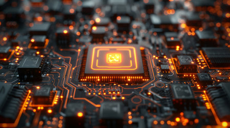 Computer chip and electronic components lit up in orange.Concept of technology and innovation.の写真素材