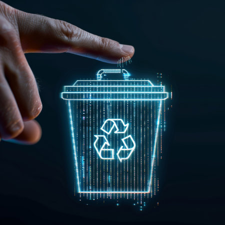 Finger touching a futuristic blue neon illuminated trash bin.の写真素材