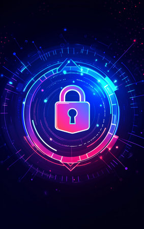 Red and blue padlock on cyber glowing circle isolated on black background.