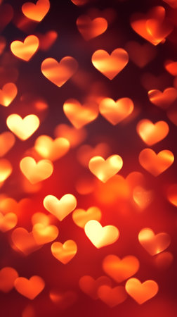 Blurred glowing heart shapes create a warm romantic background, perfect for valentine's day projectsの写真素材
