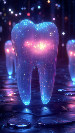 Holographic tooth glowing, symbolizing future of dentistry, dental technology, implants and...