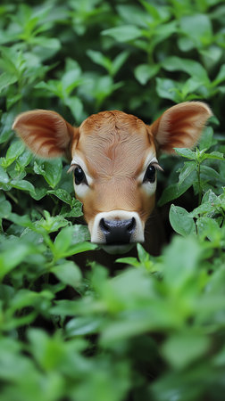 Jersey calf peeking through dense foliage, showing its endearing presence in a natural settingの写真素材