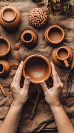 Potter carefully shaping a clay pot, surrounded by various pottery tools and handmade vases, showcasing the artistry and craftsmanship of potteryの写真素材