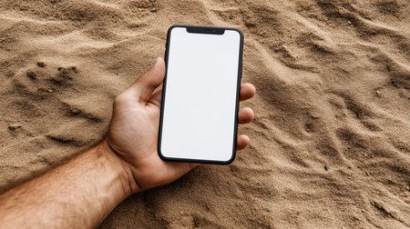 Close-up of hand holding smartphone with blank white screen on sandy beach, perfect for showcasing mobile app or websiteの写真素材