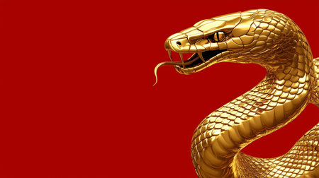 Chinese new year concept background of a golden snake slithering on red background: a symbol of luxury and danger.の写真素材