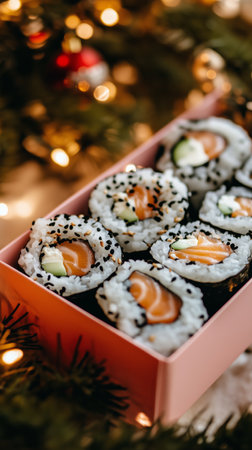Delicious uramaki sushi with salmon, avocado, and cream cheese in a pink box under a Christmas tree with bokeh lightsの写真素材