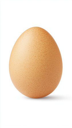 Studio shot of a single brown chicken egg standing on a white background