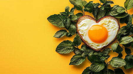 Romantic breakfast with heart shaped egg and fresh mint leaves representing healthy eating and love