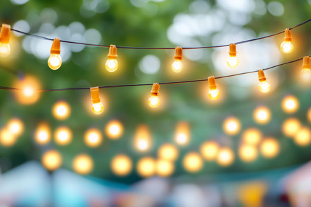 Light bulbs hanging on a wire, illuminating an outdoor space, creating a warm and inviting ambianceの写真素材