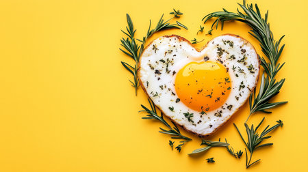Romantic breakfast with heart shaped fried egg decorated with rosemary and thyme on yellow backgroundの写真素材