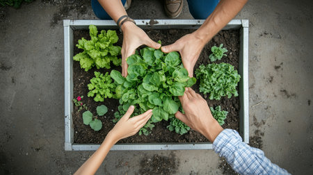 Family taking care of a small vegetable garden, cultivating homegrown lettuce and other vegetablesの写真素材