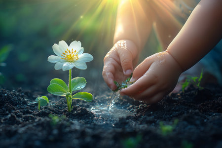 Child's hands gently watering small plants symbolizing nurturing, growth, and environmental careの写真素材