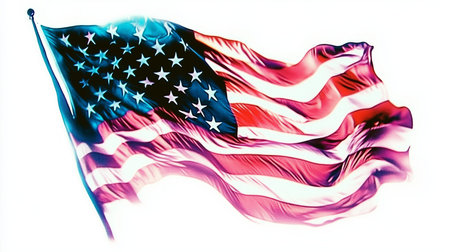 Vibrant American flag waving proudly, showing its symbolic colors and stars and stripes