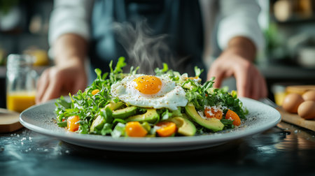 Steaming hot fried egg sits atop a healthy and colorful salad with avocado, arugula, and cherry...