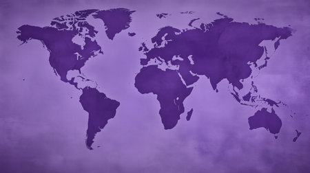 Purple world map highlighting continents and oceans on grunge textured background, representing global connectivity and geographyの写真素材