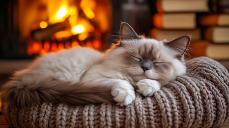 Adorable ragdoll cat sleeping peacefully on a knitted blanket in front of a warm fireplace, creating a cozy and relaxing winter scene.の写真素材