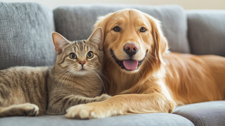 Golden retriever dog and tabby cat lying together on a comfortable sofa, showing an adorable friendshipの写真素材