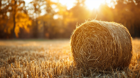 Golden sunset illuminating a round hay bale in a harvested field during autumnの写真素材