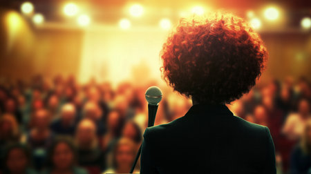 Businesswoman giving a presentation at a conference, addressing a large audience in a warm-lit auditoriumの写真素材