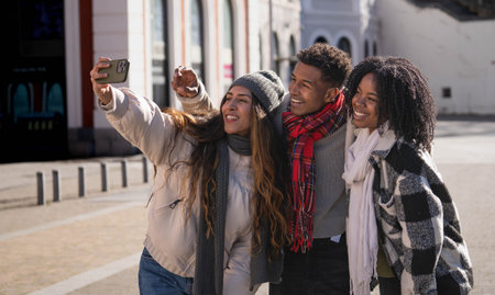 Three cheerful young friends taking a selfie together outdoors on a sunny winter day