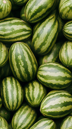 Many ripe watermelons are creating a vibrant and healthy still life, perfect for summer themes