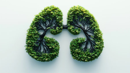 Lush green tree branches form the shape of healthy lungs, symbolizing clean air and respiratory health.の写真素材