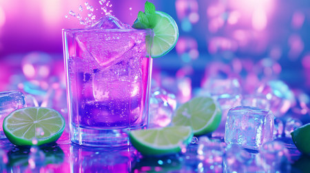 Glass of vibrant purple cocktail splashing with ice, lime, and mint on a colorful, illuminated backgroundの写真素材