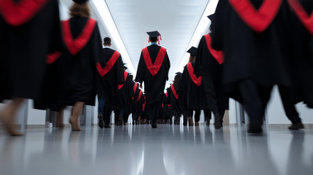 Rear view of graduated students walking in corridor after graduation ceremony