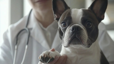 Close-up of a boston terrier puppy being examined by a veterinarian, showing the importance of pet healthcareの写真素材