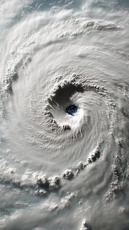 Swirling white clouds form the eye of a hurricane over a dark ocean, creating a dramatic scene of natural powerの写真素材