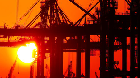 Industrial port cranes create a striking silhouette against a vibrant sunset, symbolizing global trade and logisticsの写真素材