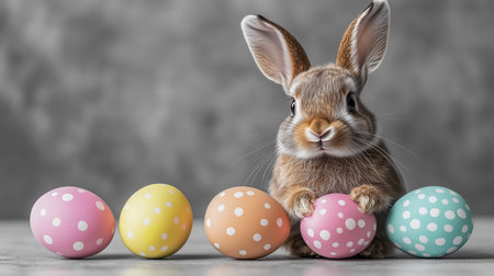 Adorable easter bunny holding a painted egg with other colorful eggs in a row, celebrating the...