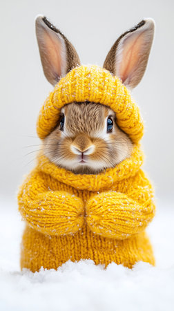 Cute rabbit wearing a yellow knitted hat and sweater enjoys a snowy winter dayの写真素材