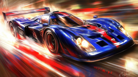 Vintage blue racing car speeding on blurred colorful race trackの写真素材