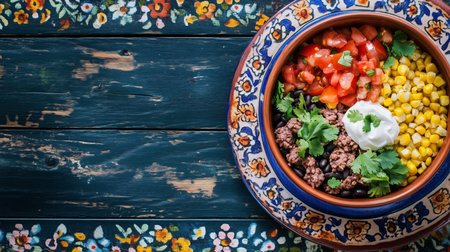 Delicious taco salad featuring ground beef, black beans, corn, tomatoes, sour cream, and cilantro, served in a vibrant bowl on a rustic wooden tableの写真素材