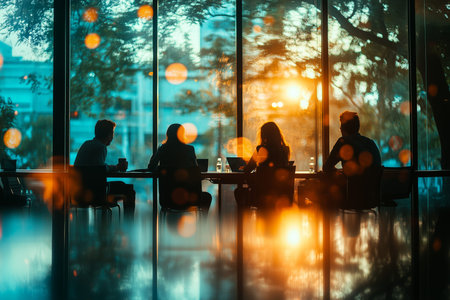 Silhouetted team collaborating in modern office setting