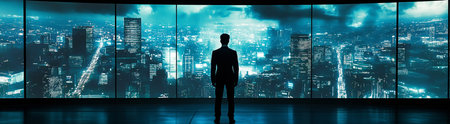 Silhouette of a businessman gazing at a vibrant city skylineの写真素材