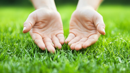 Hands reaching out over vibrant grass, symbolizing connection with natureの写真素材