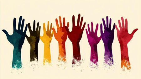 Colorful hands reaching upward, symbolizing diversity, inclusion, and teamworkの写真素材