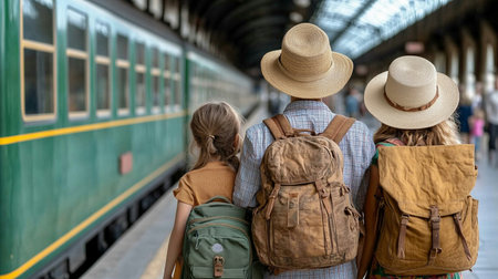 Traveling family with backpacks waiting for their train at a railway station, ready for a new adventureの写真素材