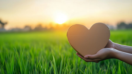Hands gently cradle a cardboard heart amidst a vibrant green field, bathed in the warm glow of sunset, symbolizing love and connection with natureの写真素材