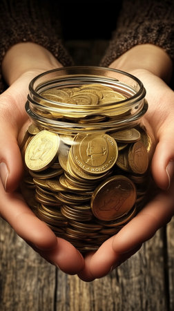 Hands holding a glass jar full of gold coins, representing savings, investment, and financial...