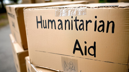 Cardboard boxes containing humanitarian aid supplies are prepared for distribution, providing essential resources to those in need.の写真素材