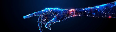 Low poly wireframe hand pointing with index finger on dark blue backgroundの写真素材