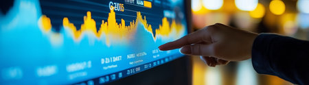 Stockbroker pointing at touchscreen monitor displaying declining financial chart, analyzing...